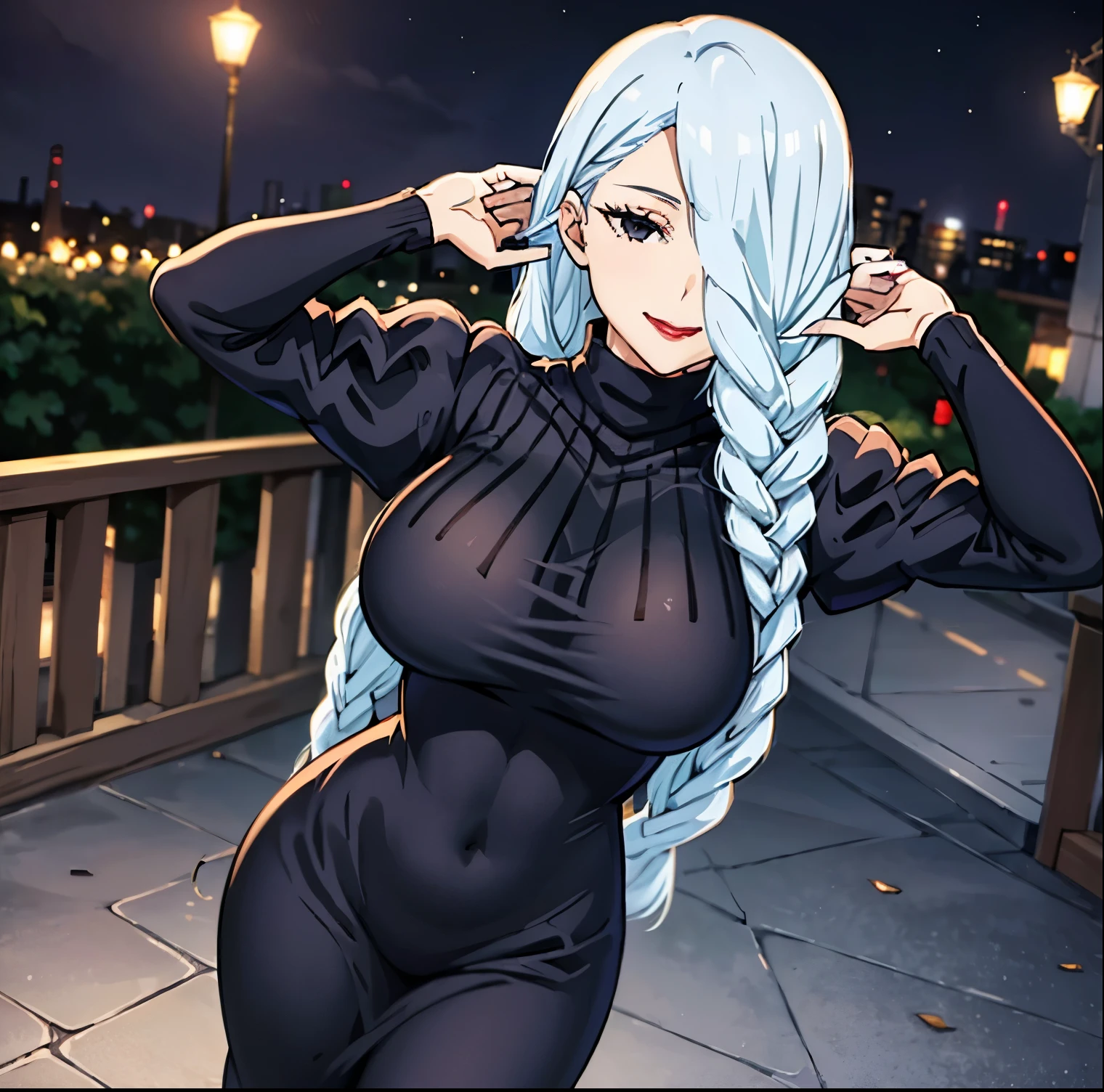 1 girl, alone, mei mei, long hair, braid, hair over one eye, dress, smile, black dress, looking at viewer, from the front, pov (from above), large breasts, medium waist, wide hips, round butt ,long sleeves, braided bangs, large breasts, blue hair, braided ponytail, turtleneck sweater dress, cowboy shot, make up, red lips, gray hair, one eye covered, puffy sleeves, red lipstick, closed mouth, turtleneck sweater, session, girl session in, session in, black eyes, half-closed eyes, curves, wide hips, covered navel, impossible clothes, outdoors, night, sky, clouds, stars, streetLights, Lights, buildings, plants, bushes, (squint:1.2), (squint:1.2), break masterpiece, best quality, highly detailed background, perfect lightingbest quality, ((glowing skin, Glowing Skin, detailed skin)), perfect anatomy perfect hands