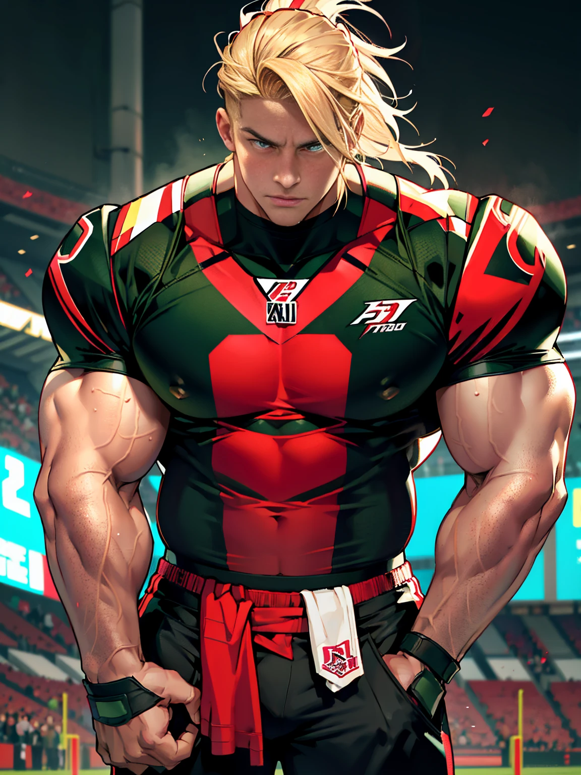 American football player, short blond hair with a lock falling on his forehead, green eyes, pretty face, furious expression, pink and full lips, muscular body, broad shoulders, gigantic and muscular chest. He is wearing a red and black football uniform (shirt number 29), football pants, football shoulder pads and holding an football helmet