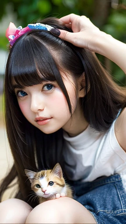 highest quality, Super quality, masterpiece, Cute kitten sitting on the head of a cute girl