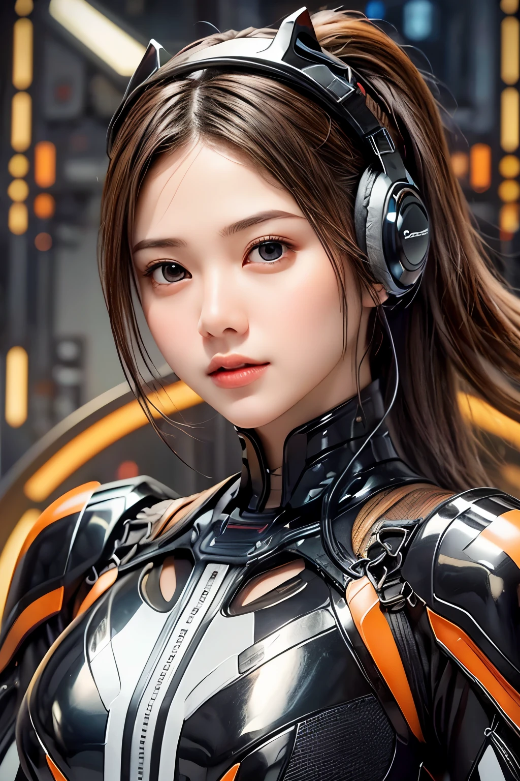 Top Quality, Masterpiece, Ultra High Resolution, (Photorealistic: 1.4), Raw Photo, 1 Girl, Black Hair, Glossy Skin, 1 Mechanical Girl, (((Ultra Realistic Details)), (realistic face: 1.2), realistic skin, Global Illumination, Shadows, Octane Rendering, 8K, Ultra Sharp, Intricate Ornaments Details, wearing Futuristic Headphone, Futuristic headgear, very intricate detail, realistic light, CGStation trend, brown eyes, glowing eyes, matte black and glossy orange bodysuit, orange lining on suit, Long hair, Ponytail hair, half body shot, spaceship bridge background, dynamic pose,