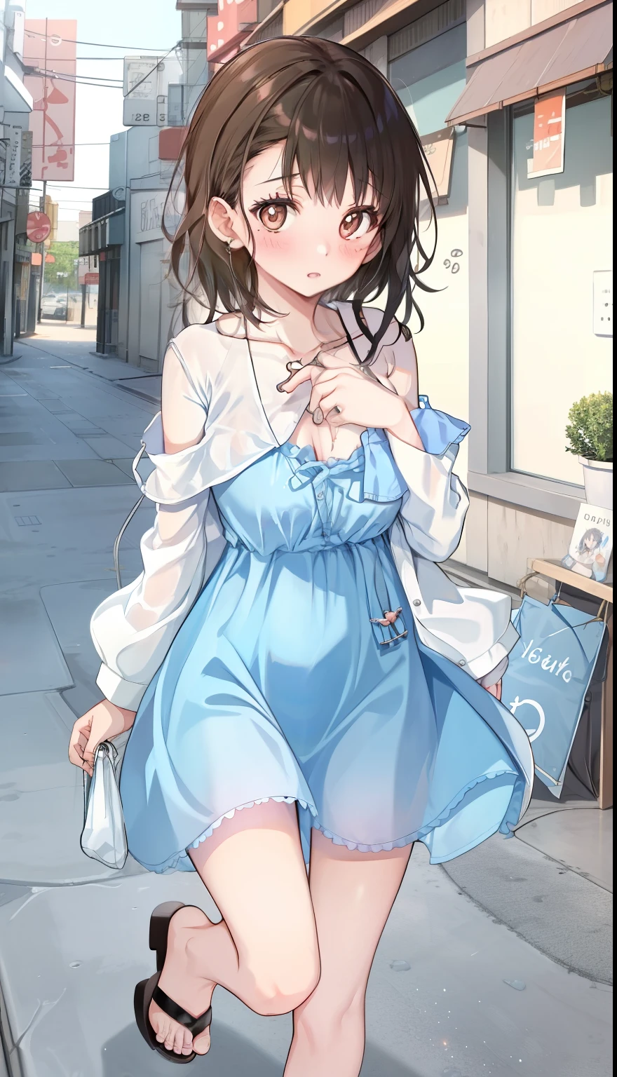One Girl、positive、Standing posture、Full body portrait、Black Hair、Medium Haircut、blush、Absolute area、No panties、No bra、barefoot、Light blue dress、Off-the-shoulder dress、(Very large breasts)、Cleavage、((Lesbians around the world))、masterpiece、(highest quality)、、White heel sandals、Shirt buttons fly off、Unbutton your shirt、Exposing the breasts、Shopping Street