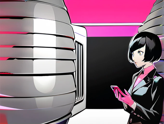 16K,UHD,Very detailed,Persona 5,Good Youth,Black Hair,Bob Hair,1 female,Black jacket,Pink innerwear,gloves,smartphone