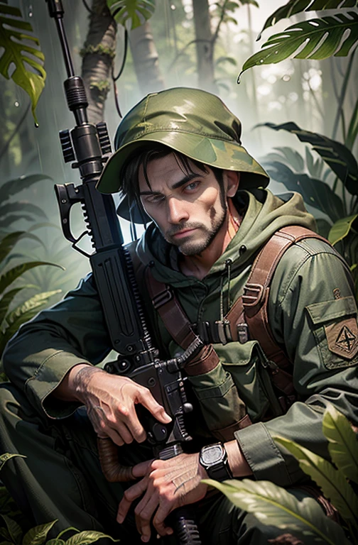 A sniper waiting for his target in the rainy jungle