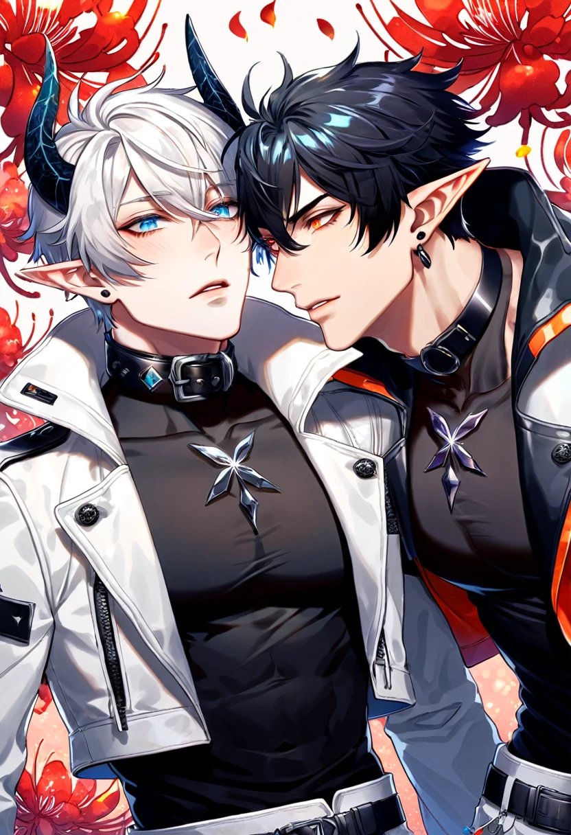 absurdres, highres, ultra detailed, HDR) master piece, best quality, Flamebringer, black hair, expressive orange eyes, slightly pointy ears, black horns, black tight shirt, cropped leather jacket, black collar, black earrings, Arknights, Executor, white hair, expressive blue eyes, white coat, two men together, yaoi, gay couple, handsome, toned chest, magical fantasy, red butterflies, glittering, sparkling, red spider lilies, petals, radiant, red gemstones background