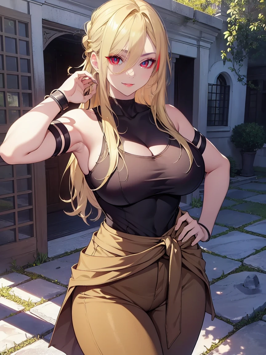 (Uhd, Masterpiece, Textured Skin, Super Detail, High Details, High Quality, Best Quality), Detailed Face, 1woman, mature pretty woman, ((wide hips, thick thighs, huge breasts)), ((Long blonde hair tied:1.5, Hair over the eye:1.5)), ((Judo clothing, shoulderless, belt tied at the waist, Bracelets), (Pants), (Huge body), (Cultivator), Courtyard with a stone floor