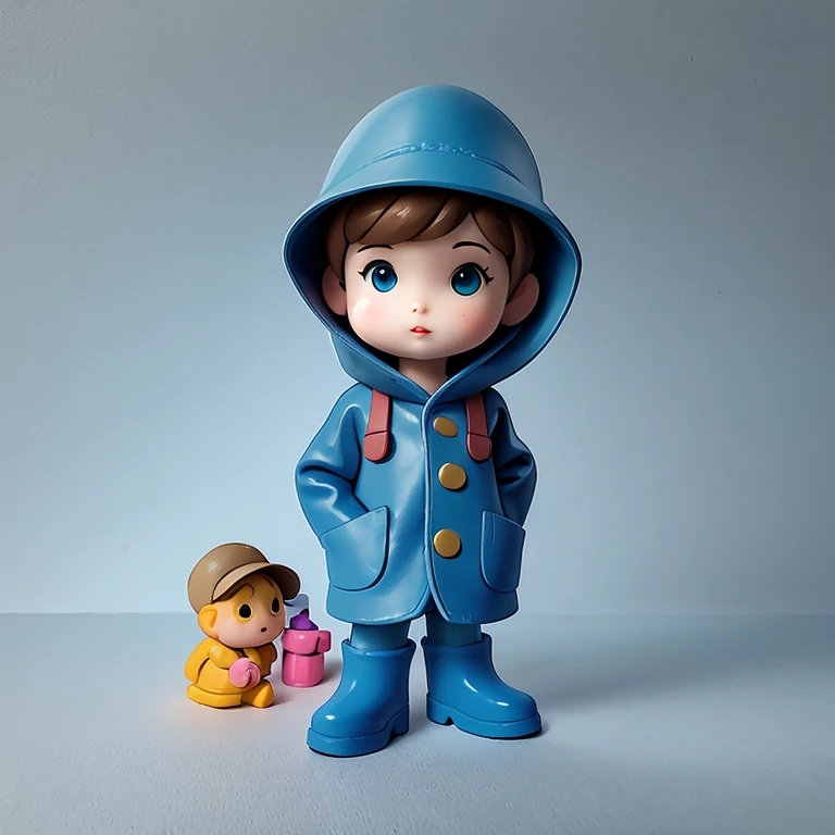 (masterpiece, Best quality:1.2),Miniature cartoon character on windowsill, One，3D dolls，hands in pockets，In a hat and raincoat,blue rubber boots,  mine，bright lighting，Open background，rich colors，