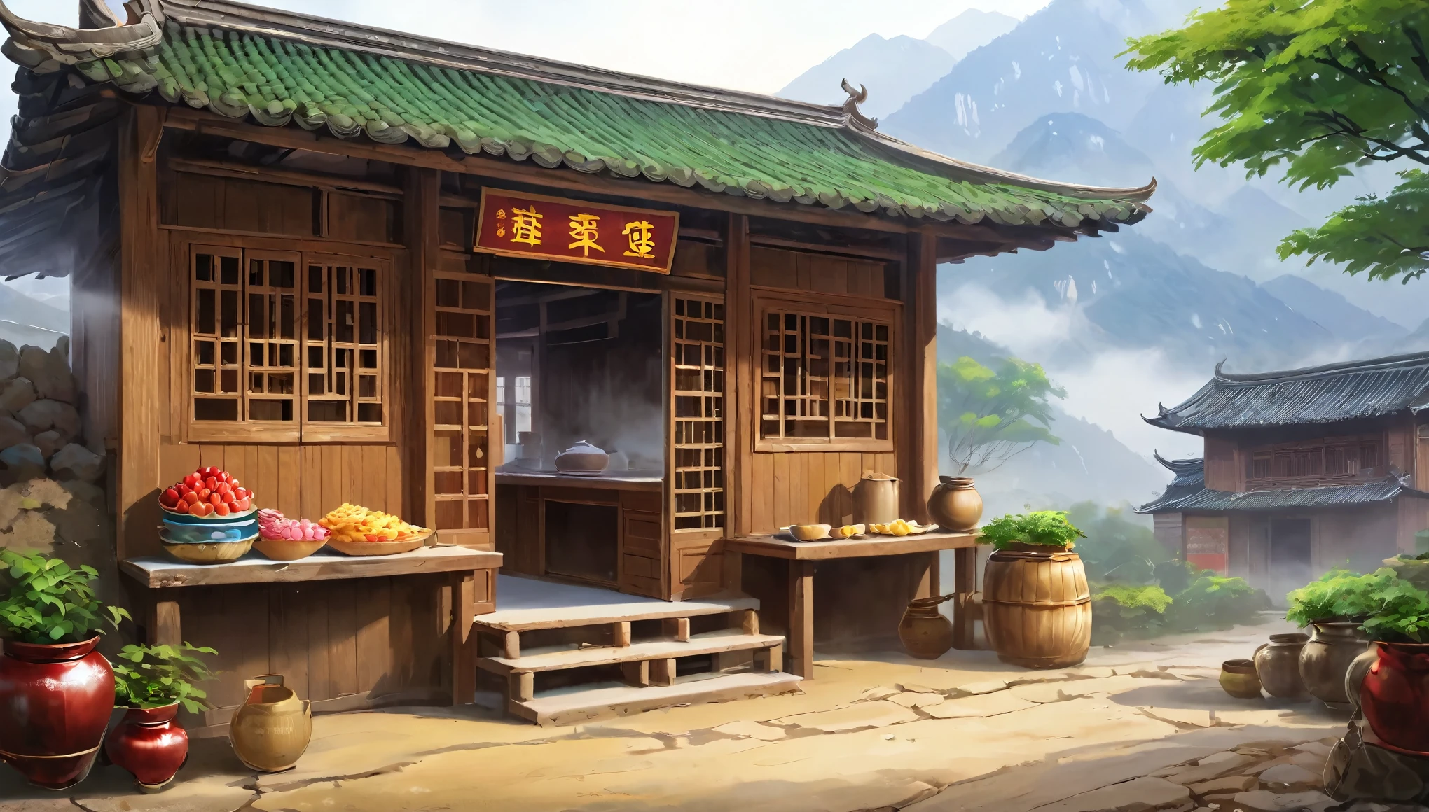 Small courtyard in rural China，There is a dilapidated wooden house inside，The hut is a canteen，There are three words on the door &References;commissary&References; It says.，There are wooden shelves in the house，There are all kinds of snacks in it.，The background is the mountains of Yunnan，Foggy，Aerial Photography，illustration，Fresh，peaceful，