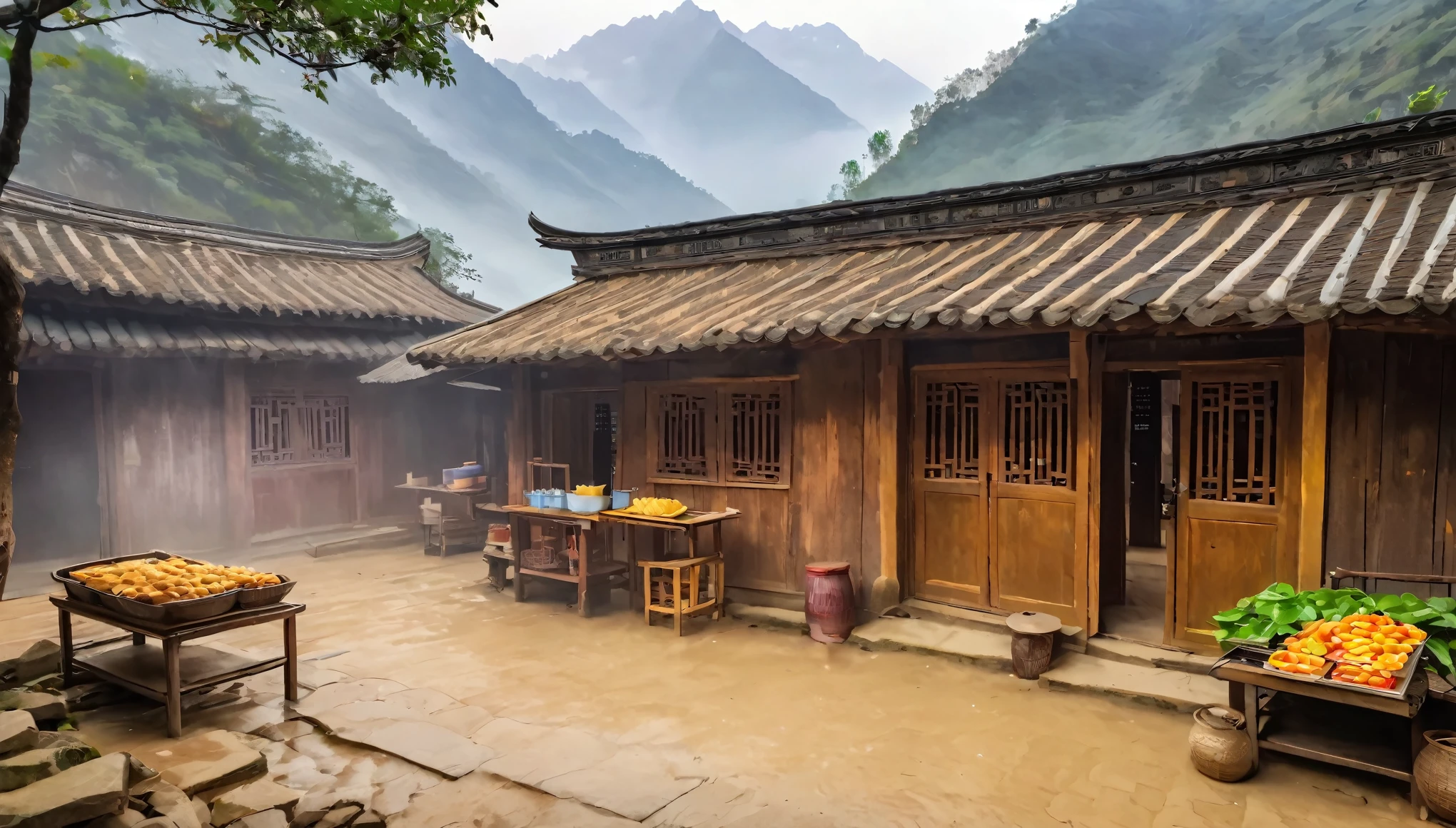 Small courtyard in rural China,There is a dilapidated wooden house inside,The hut is a canteen,There are three words on the door &References;commissary&References; It says.,There are wooden shelves in the house,There are all kinds of snacks in it.,The background is the mountains of Yunnan,Foggy,Aerial Photography,illustration,Fresh,peaceful,