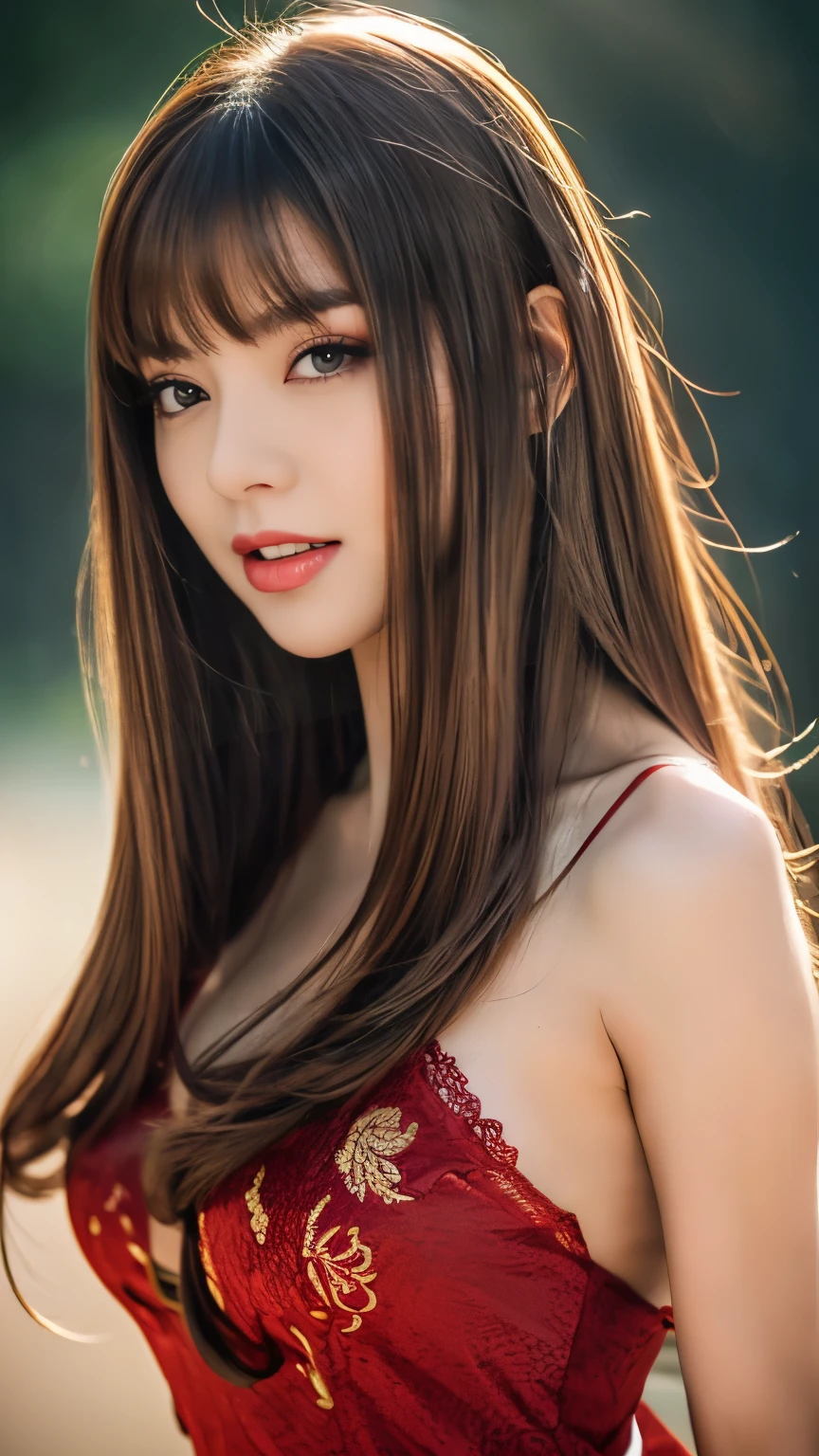 Best Images, (8k, RAW Photos, Realistic), A neat and beautiful Japanese woman, Rainbow light brown straight hair, Big, shining blue eyes, Long eyelashes, double eyelid, Half-open crimson seductive moist big thick lips, Big Breasts, Sideboob, Under the chest, Abdominal muscles, thin, Perfect Proportions, whole body, Black ao dai with gold embroidery, Blurred background red、Cowboy Shot