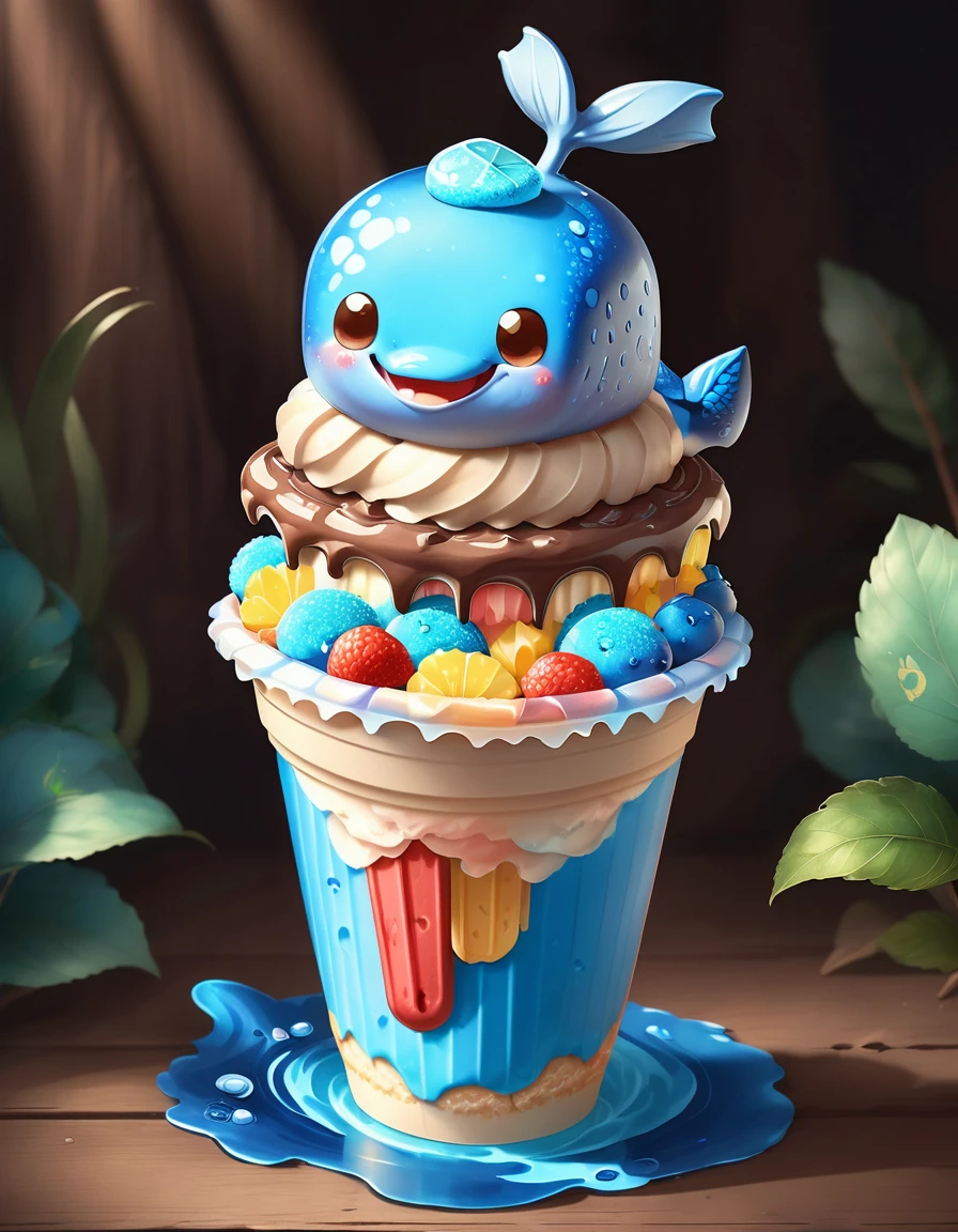 Very cute and attractive popsicle in a paper cup in the shape of an anthropomorphic blue whale., Chocolate glaze, Dessert shop background，kawaii, I look at the viewer, cinematic lighting, fantasy art, Dynamic composition, epic realistic, Award-winning pet illustration