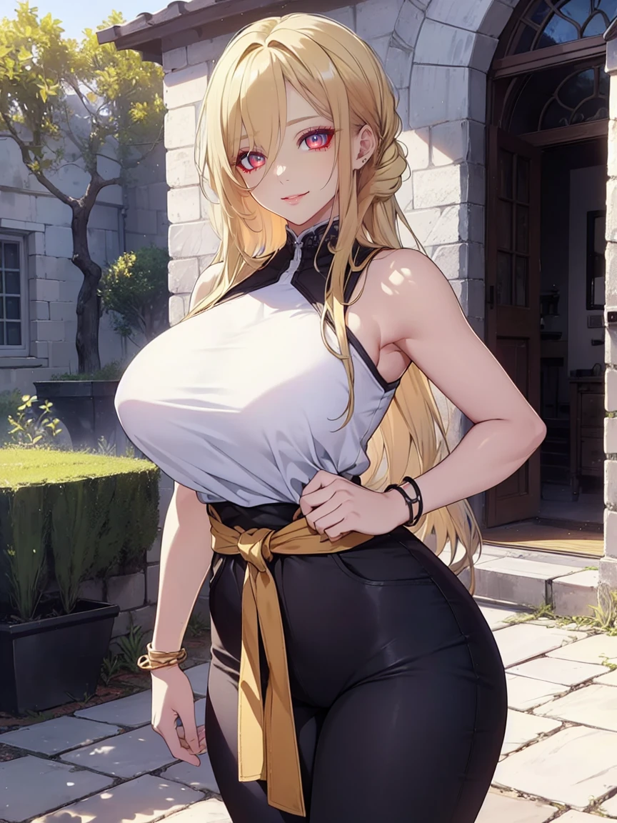 (Uhd, Masterpiece, Textured Skin, Super Detail, High Details, High Quality, Best Quality), Detailed Face, 1woman, mature pretty woman, ((wide hips, thick thighs, huge breasts)), ((Long blonde hair tied:1.5, Hair over the eye:1.5)), ((Judo clothing, shoulderless, belt tied at the waist, Bracelets), (Pants), (Huge body), (Cultivator), Courtyard with a stone floor