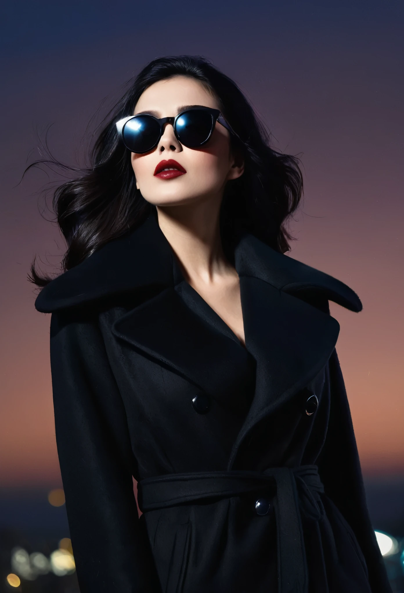 she doesn't want to be seen, big dark sunglasses, her black coat collar up and high, dark hair over her face, she's mysterious, glamours, listening for a signal, watching the people move so she can continue on in the evening sky