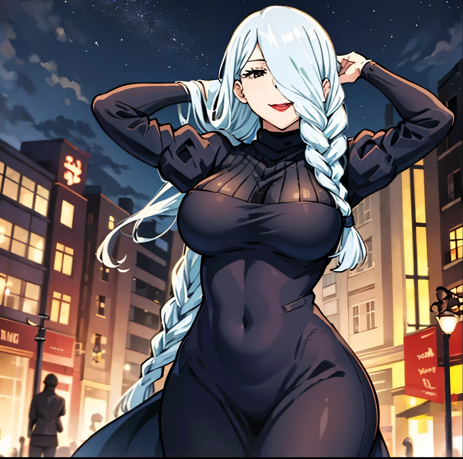 1 girl, alone, mei mei, long hair, braid, hair over one eye, dress, smile, black dress, looking at viewer, from the front, pov (from below), large breasts, medium waist, wide hips, wide thighs, round butt, long sleeves, braided bangs, large breasts, blue hair, braided ponytail, turtleneck sweater dress, cowboy shot, make up, red lips, gray hair, one eye covered, puffy sleeves, red lipstick, mouth closed, turtleneck sweater, arms up, arms behind the head, black eyes, eyes half closed. , curves, wide hips, covered navel, impossible clothing, outdoors, night, sky, clouds, stars, streetlights, lights, buildings, plants, bushes, (squint:1.2), (squint:1.2), break work master, best quality, very detailed background, perfect lightingbest quality, ((shiny skin, glowing skin, detailed skin)), perfect anatomy, perfect hands