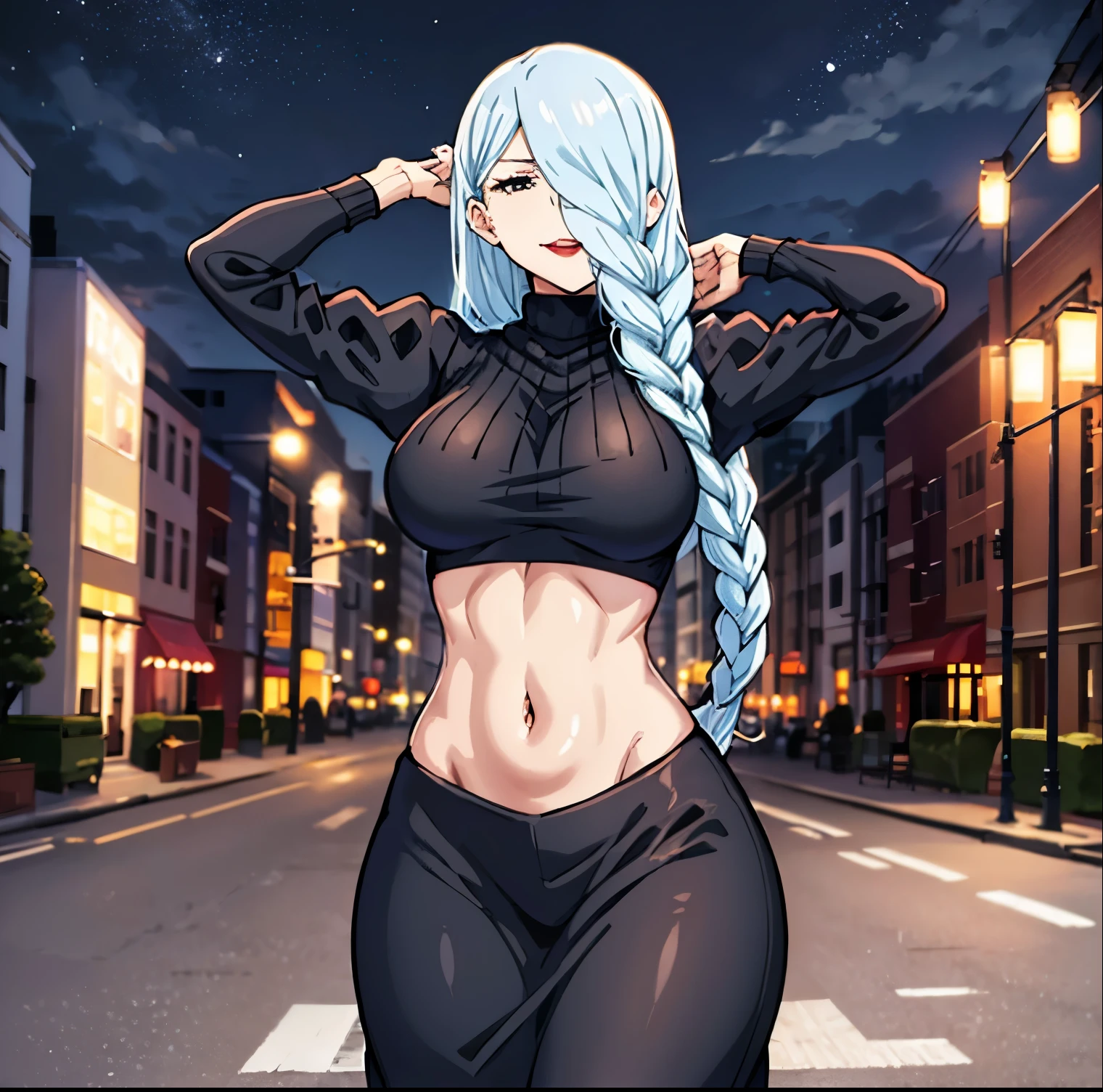 1 girl, alone, mei mei, long hair, braid, hair over one eye, dress, smile, black dress, looking at viewer, from the front, pov (from below), large breasts, medium waist, wide hips, wide thighs, round butt, long sleeves, braided bangs, large breasts, blue hair, braided ponytail, turtleneck sweater dress, cowboy shot, make up, red lips, gray hair, one eye covered, puffy sleeves, red lipstick, mouth closed, turtleneck sweater, arms up, arms behind the head, black eyes, eyes half closed. , curves, wide hips, covered navel, impossible clothing, outdoors, night, sky, clouds, stars, streetlights, lights, buildings, plants, bushes, (squint:1.2), (squint:1.2), break work master, best quality, very detailed background, perfect lightingbest quality, ((shiny skin, glowing skin, detailed skin)), perfect anatomy, perfect hands