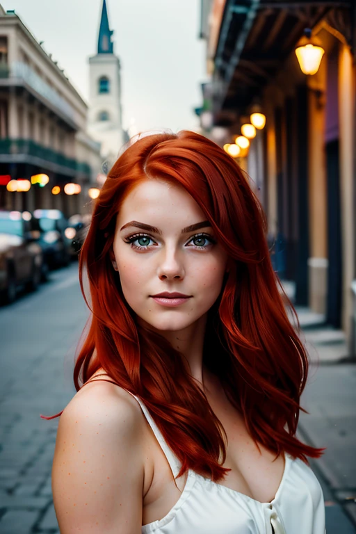 Cinematic, realistic, close-up, cinematic documentary of a 21-year-old European beautiful young woman with vibrant red hair and eyes the hue of twilight, embracing the lively spirit of New Orleans, Louisiana, the city’s music and history resonating with her adventurous heart, shot with a Canon EOS R.