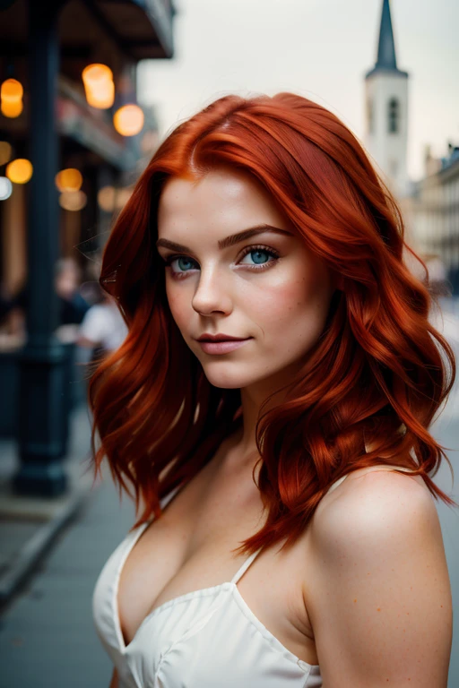 Cinematic, realistic, close-up, cinematic documentary of a 21-year-old European beautiful young woman with vibrant red hair and eyes the hue of twilight, embracing the lively spirit of New Orleans, Louisiana, the city’s music and history resonating with her adventurous heart, shot with a Canon EOS R.