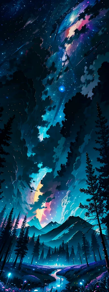 Expansive landscape photograph, (view from below with a view of the sky and the wilderness below),  standing in a flower field looking up, (full moon: 1.2), (shooting star: 0.9), (nebula: 1.3), distant mountain, tree break production art, (warm light source: 1.2), (firefly: 1.2), lamp, purple and orange, intricate detail, volume lighting BREAK (masterpiece: 1.2), (highest quality ), 4k, ultra-detailed, (dynamic configuration: 1.4), highly detailed and colorful details (iridescent: 1.2), (sparkling lighting, atmospheric lighting), dreamy, magical, (solo: 1.2)