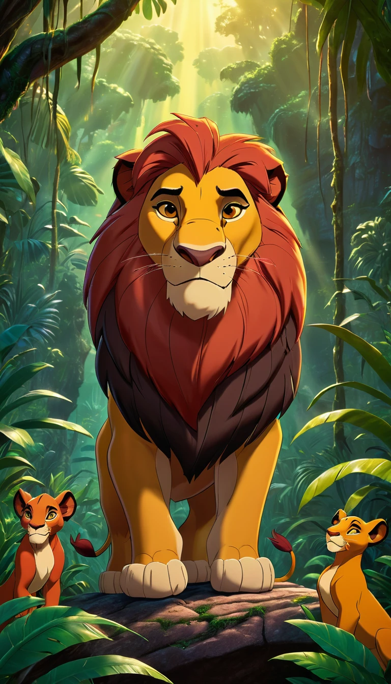 disney's the lion king,90s cartoon style,poster,vibrant colors,dramatic lighting,lush jungle environment,majestic lion character,detailed animal textures,intricate background patterns,powerful composition,masterpiece,cinematic,8k,high quality