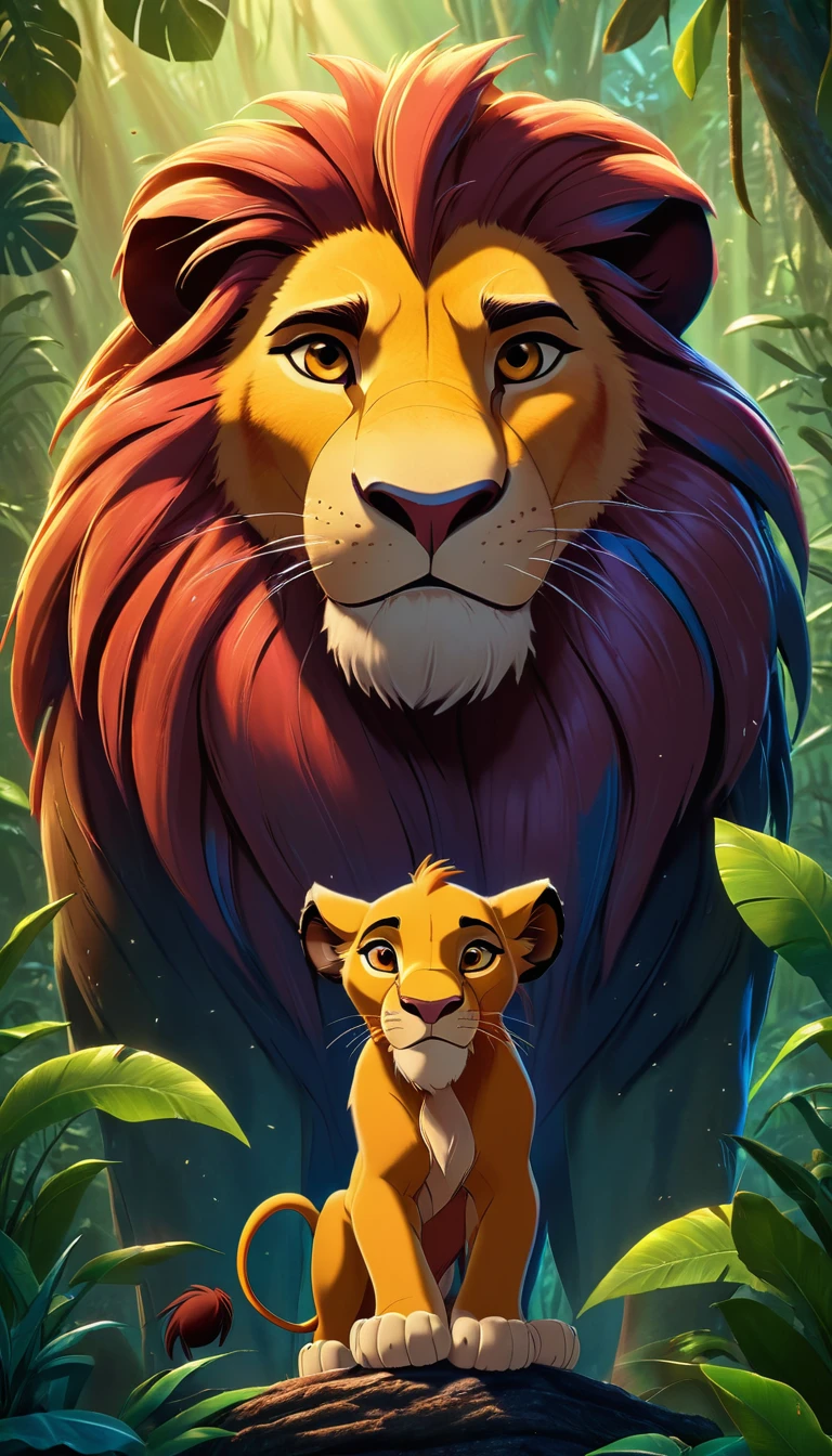 disney's the lion king,90s cartoon style,poster,vibrant colors,dramatic lighting,lush jungle environment,majestic lion character,detailed animal textures,intricate background patterns,powerful composition,masterpiece,cinematic,8k,high quality