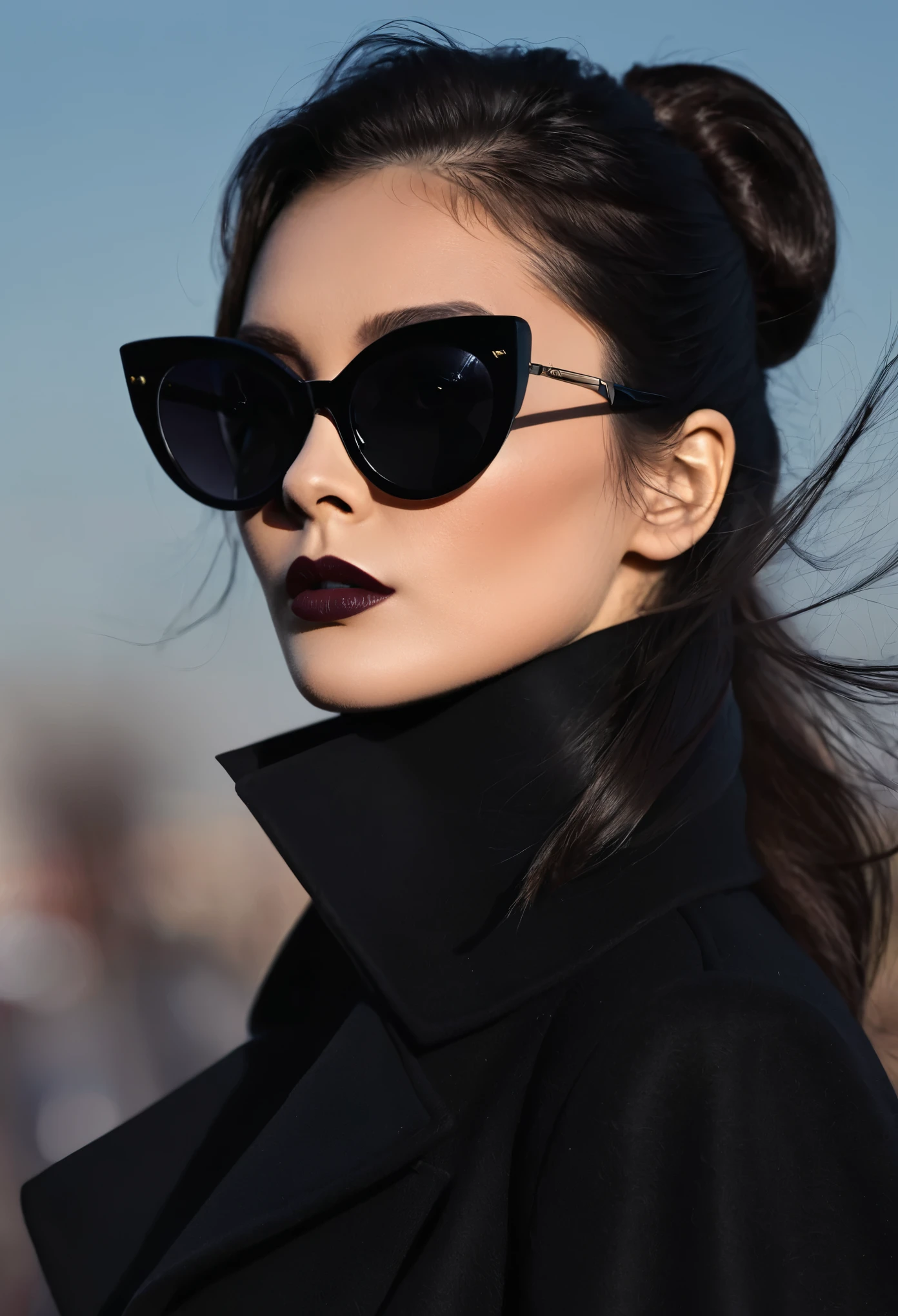 she doesn't want to be seen, big dark sunglasses, her black coat collar up and high, dark hair over her face, she's mysterious, glamours, listening for a signal, watching the people move so she can continue on in the evening sky