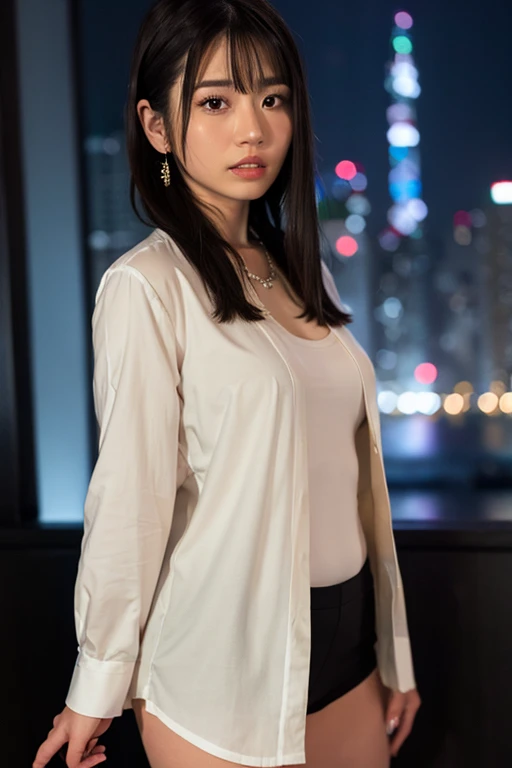 Nikon RAW Photos,8k yen,Fujifilm XT3,masterpiece, highest quality, Realistic, photoRealistic,Super detailed,One girl,alone,
Close-up portrait,
Diamond Stud Earrings, long, straight black hair, Hazel Eyes, Serious expression, Black blazer ,White shirt, White blouse, Standing against the backdrop of the night city skyline ,
Ayaka 1,