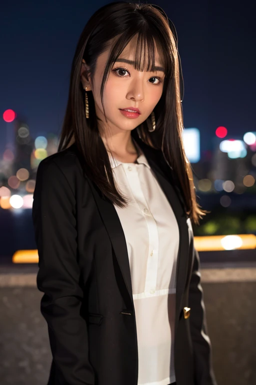Nikon RAW Photos,8k yen,Fujifilm XT3,masterpiece, highest quality, Realistic, photoRealistic,Super detailed,One girl,alone,
Close-up portrait,
Diamond Stud Earrings, long, straight black hair, Hazel Eyes, Serious expression, Black blazer ,White shirt, White blouse, Standing against the backdrop of the night city skyline ,
Ayaka 1,