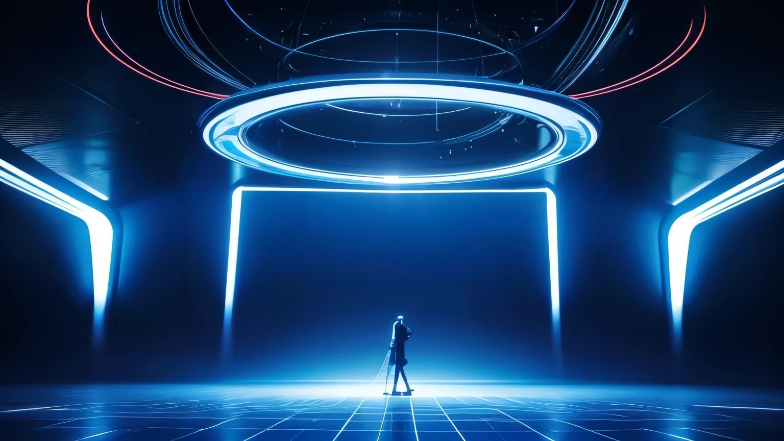 technology blue future technology digital future lighting scene business background ，M-shaped stage，abstract、Gorgeous lighting。geometry
