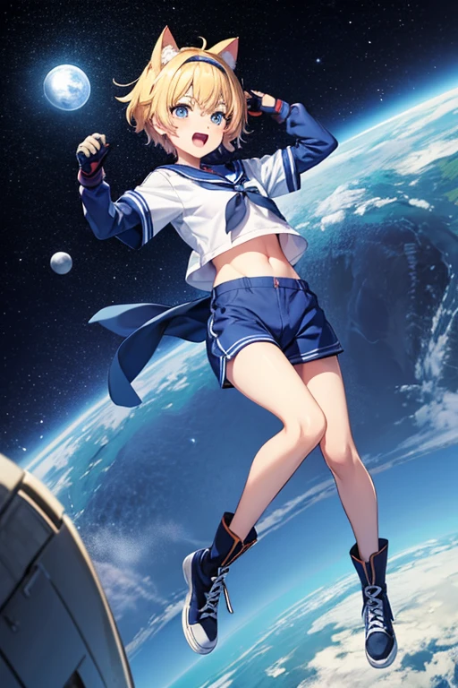 Anime drawings、Full body portrait、Space SF fighter、The person jumping on her is a woman with cat ears, around 155cm tall, around 19 years old, wearing a sailor uniform and blue shorts.、Laughing with mouth open、The hairstyle is short、Blonde Hair、gloves、sports boots、Blue socks、He wears a blue bandana around his head、Cat-like eyes、navel、Flat chest