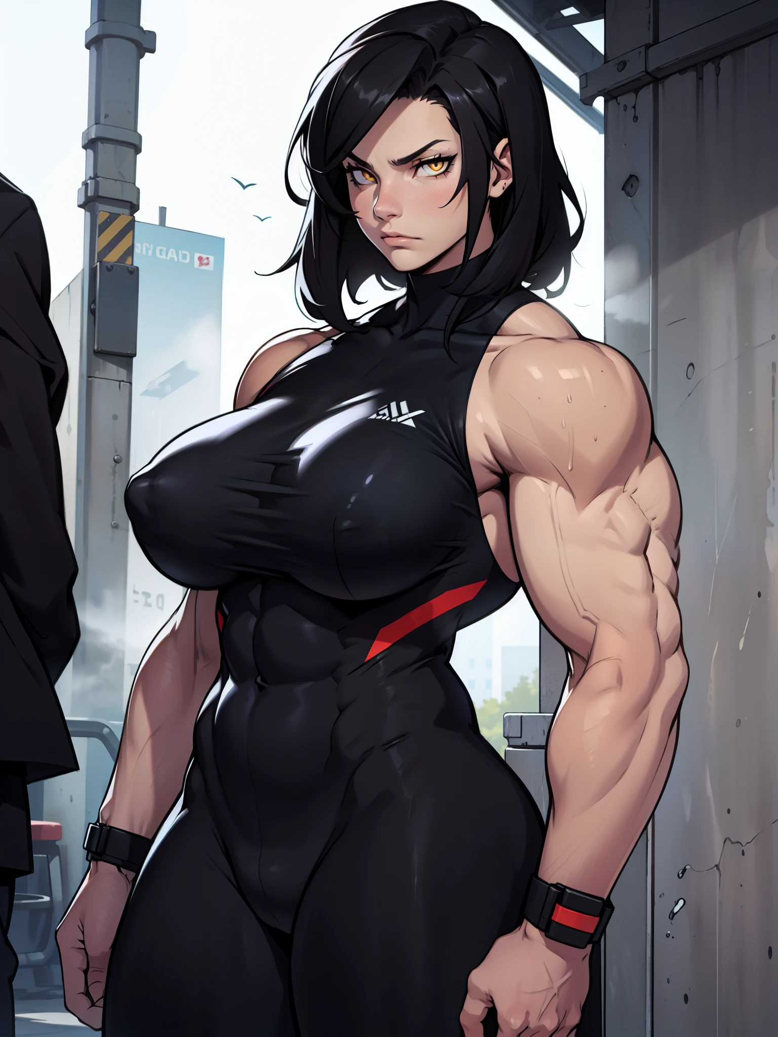 (((1 girl muscular))) yellow eyes huge breasts pale skin skintight black hair sad