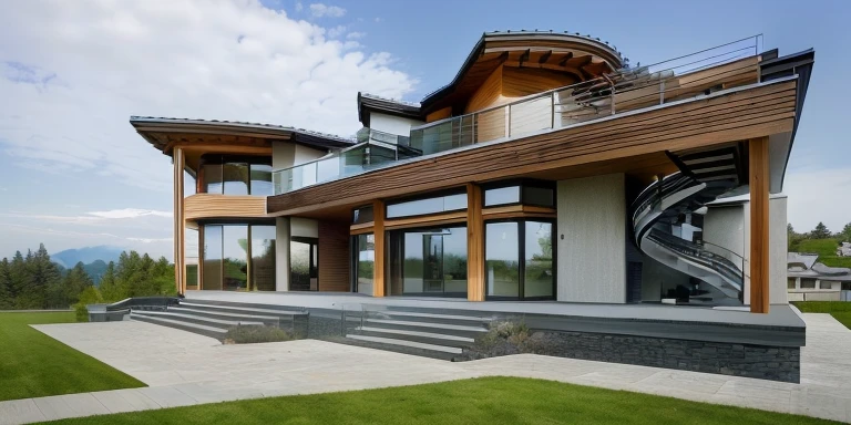 Araffed house with stairs and balcony on a sunny day, Large modern residence, award winning contemporary, modern house, Architectural snapshot, Award winning masterpiece, stunning masterpiece, Stunning lines, Quiet wooden mansion, modern architecture, cool look, Award winning masterpiece, Smooth curves, exterior photography, Modern architectural design, Great design