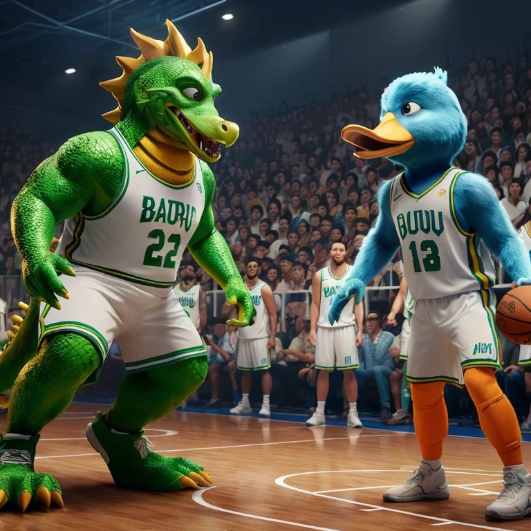 Araffe and a blue bird are playing basketball in a stadium, captura de tela oficial, 3d animation film, imagem promocional do filme, promotional rendering, jogo cg, photo rendering, foto da capa, animation filming, arte conceitual oficial, official rendering, Personagens 3D, 8k CG rendering, filme animado, bw 3d rendering, arte oficial, Ilustra??o de desenho animado de 8k
