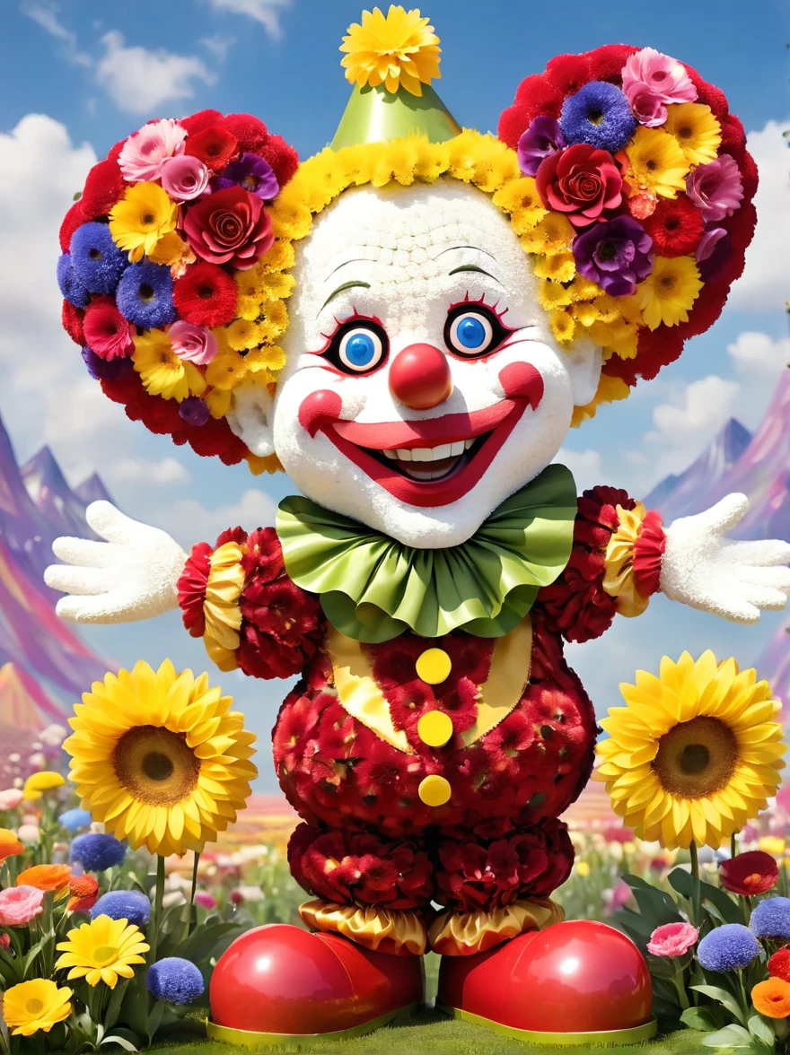 pam-flwr Cute clown made of flowers, A clown-like character with a mischievous grin and wide, shining eyes. His body structure is slender, and he sports a chaotic, vibrant outfit that includes a flamboyant hat with a heart symbol, baggy pants, and oversize shoes. The character is expressing vivid excitement and has his arms spread wide as though ready to perform a magic trick, circling in an otherworldly landscape.