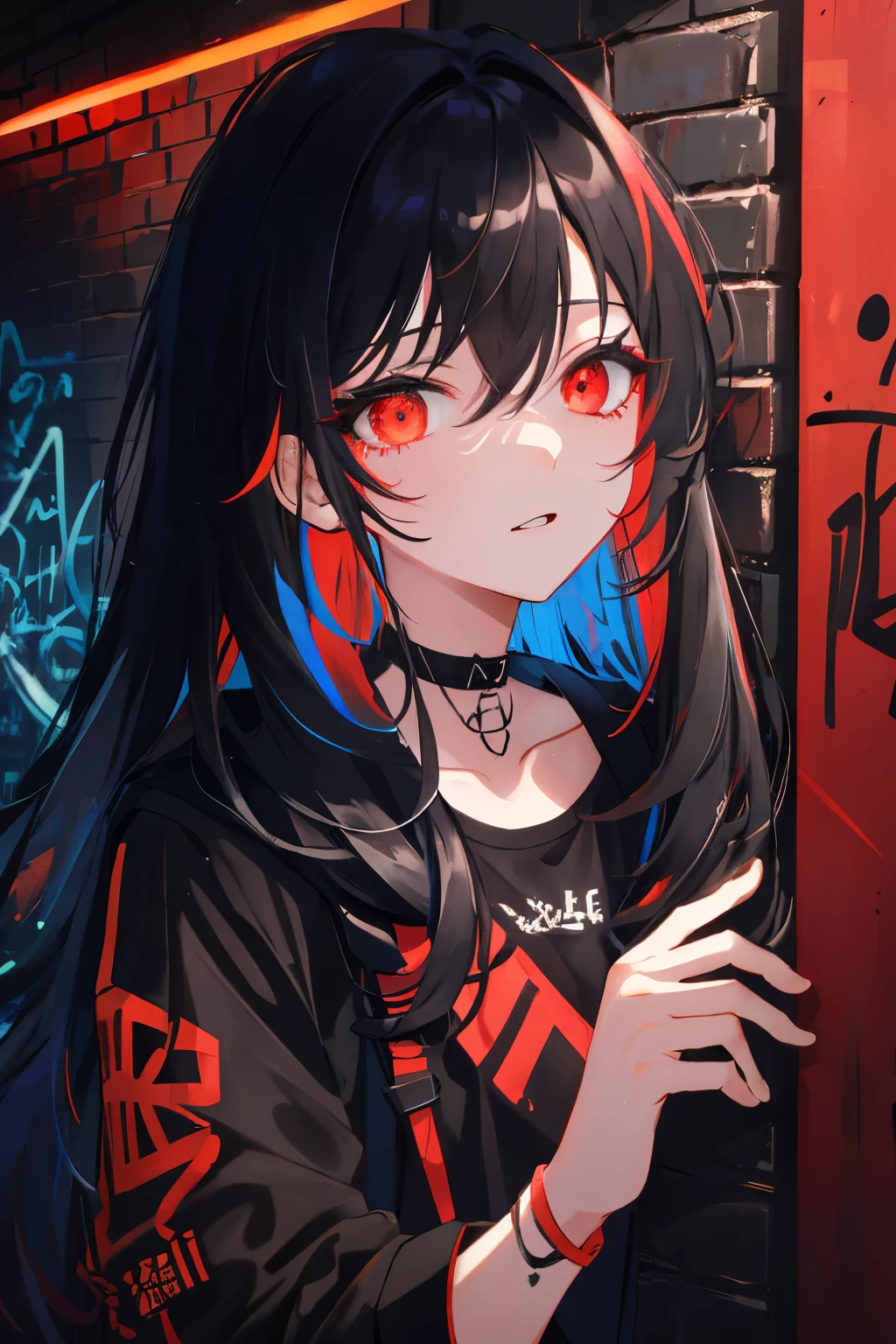 best quality, intricate details, chromatic aberration, 

1girl, long hair, black hair, messy hair, red highlights, hair over one eye, red eyes, sharp eyes, 

choker, neon shirt, torn legwear, open jacket, 

against wall, brick wall, graffiti, glowing grafiti, glowing tattoos, glow, neon lights, 


blacklight,  