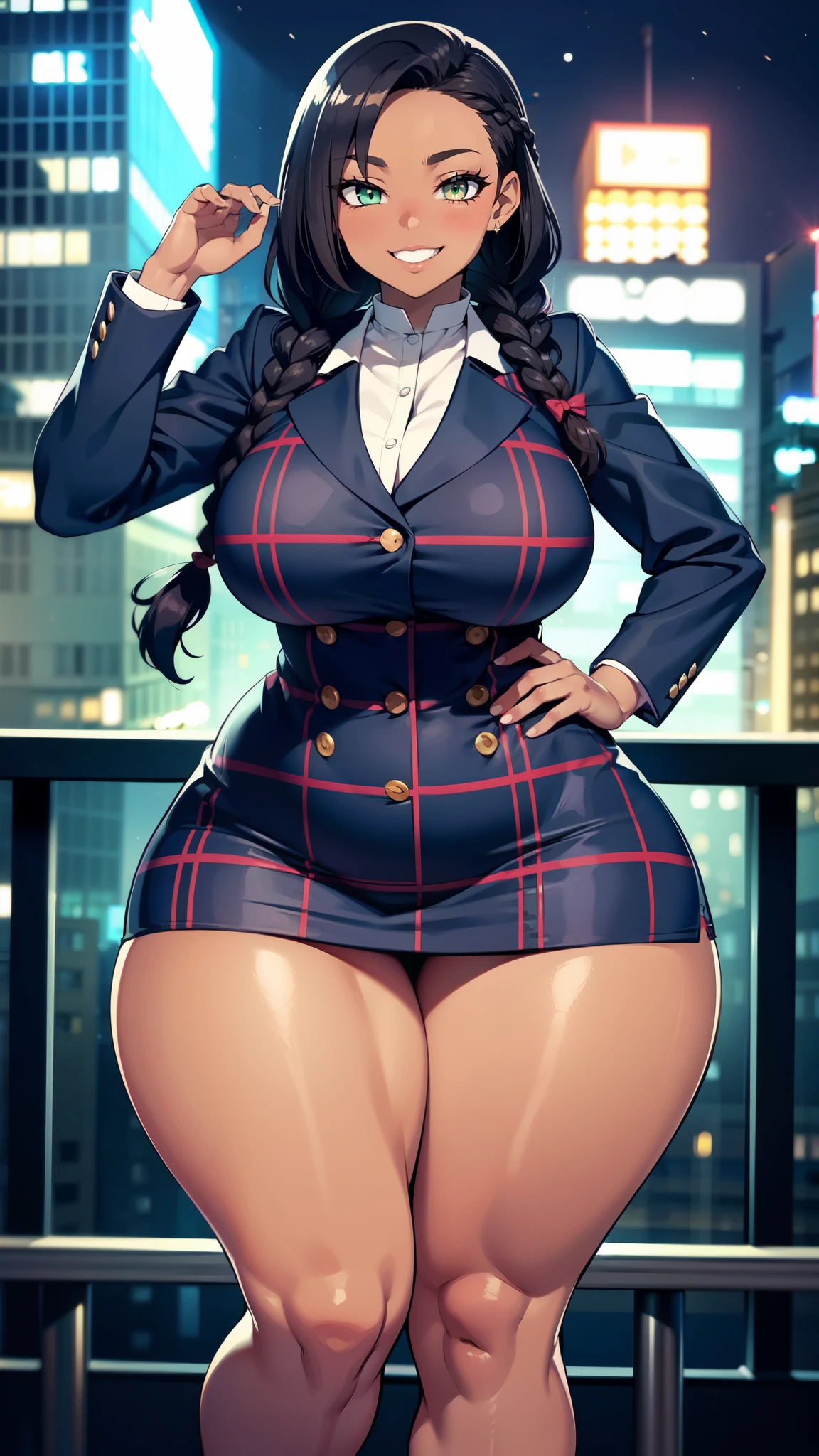 4K Quality, outside, grinning, sexy pose, dark blue plaid miniskirt, wide hips, hand on hip, dark skin, thick thighs, big breasted, big ass, looking at viewer, braided hair, amber eyes, night time, bedroom eyes dy, city background, pale lipstick, pretty eyes, dim lights, thick thighs, cute smile,