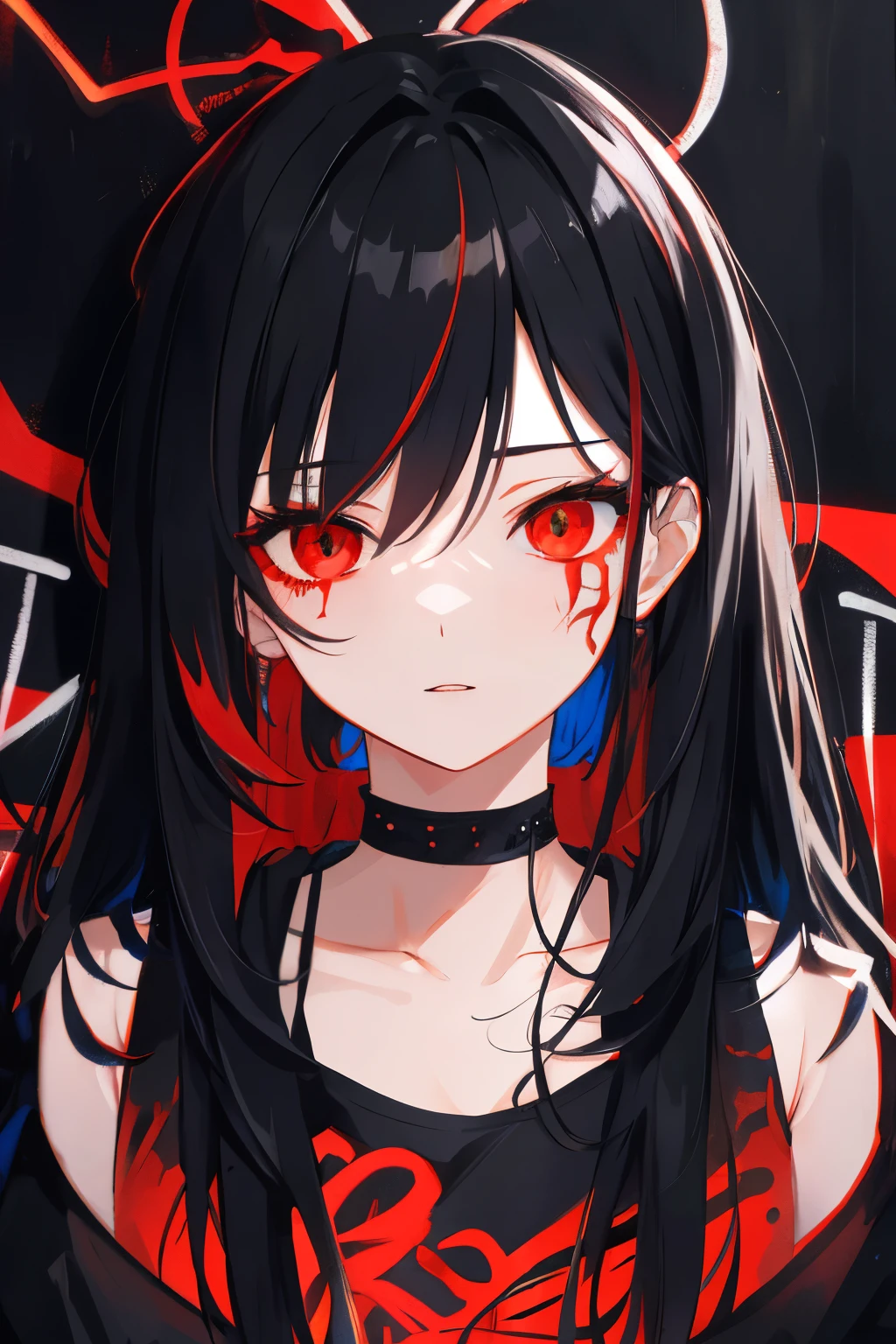 best quality, intricate details, chromatic aberration,
1girl, long hair, black hair, messy hair, red highlights, hair over one eye, red eyes, sharp eyes,
choker, neon shirt, torn legwear, open jacket,
against wall, brick wall, graffiti, glowing grafiti, glowing tattoos, glow, neon lights,
blacklight,