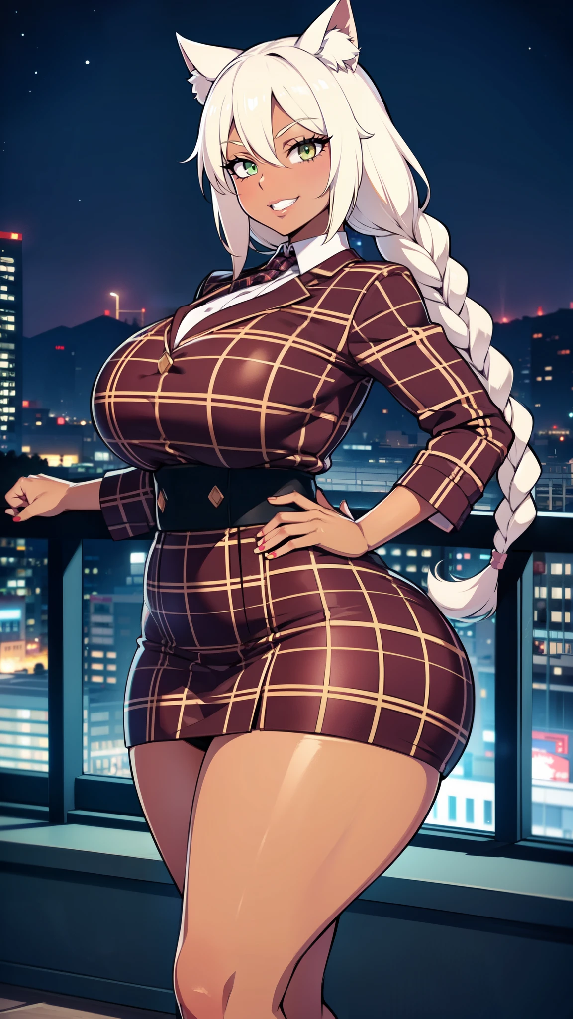 4K Quality, outside, grinning, sexy pose, dark blue plaid miniskirt, wide hips, hand on hip, dark skin, thick thighs, big breasted, big ass, looking at viewer, braided hair, amber eyes, night time, bedroom eyes dy, city background, pale lipstick, pretty eyes, dim lights, thick thighs, cute smile,