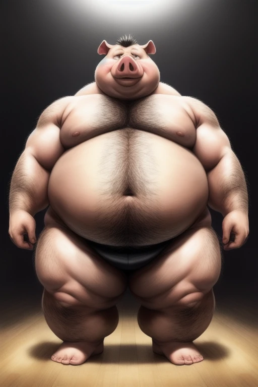 ((Masterpiece)),((Hight quality)),((Hught Detailed)),((Realistic,)) Anime Artistic masterpiece art, Morbid Obese Piglet while Anatomy of character, Sumo wrestler Furry character, Long shot photo, Real life (Massive, broad shoulders, strong legs and arms, hairy) Obese muscle citizen (massive obese, strong legs and arms, hairy, incredibly big looking), Anatomy of character, He is a fattening pig boy in which he has spent his entire life fattening up for a really fat pig contest, when it is his turn he goes on stage to be judged and awarded as the biggest and fattest pig in the world.