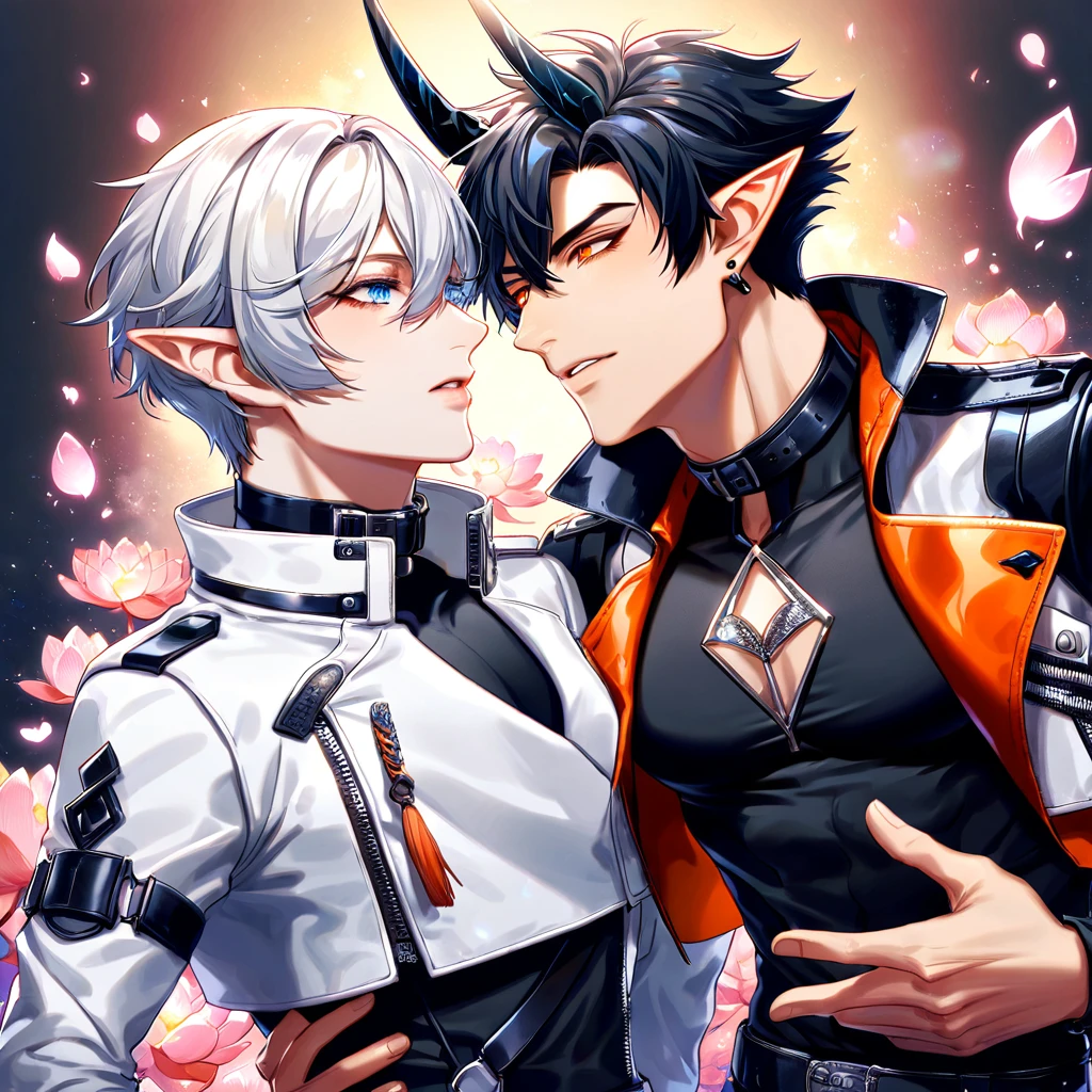 absurdres, highres, ultra detailed, HDR) master piece, best quality, Flamebringer, black hair, expressive orange eyes, slightly pointy ears, black horns, black tight shirt, cropped leather jacket, black collar, black earrings, Arknights, Executor, white hair, expressive blue eyes, white coat, two men together, yaoi, gay couple, handsome, toned chest, magical fantasy, pink butterflies, glittering, sparkling, pink lotus, petals, radiant, water