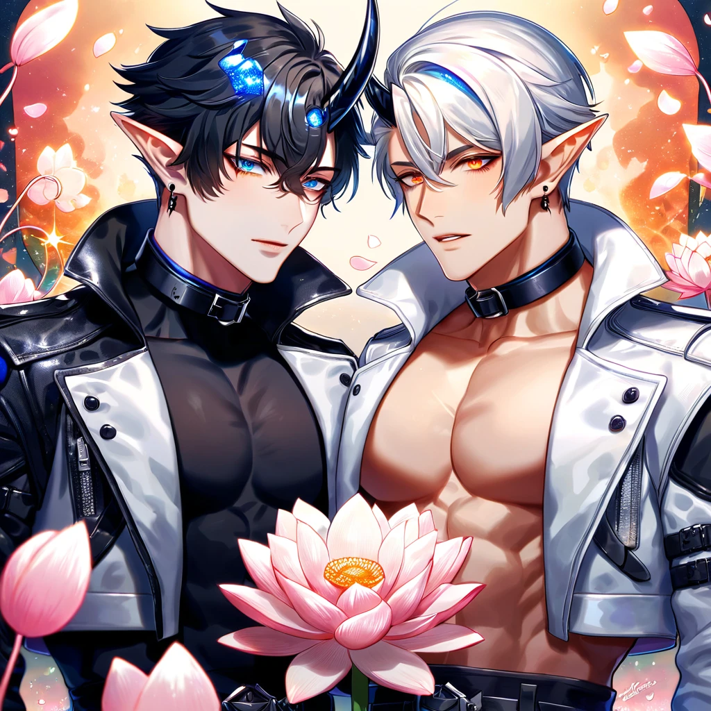 absurdres, highres, ultra detailed, HDR) master piece, best quality, Flamebringer, black hair, expressive orange eyes, slightly pointy ears, black horns, black tight shirt, cropped leather jacket, black collar, black earrings, Arknights, Executor, white hair, expressive blue eyes, white coat, two men together, yaoi, gay couple, handsome, toned chest, magical fantasy, pink butterflies, glittering, sparkling, pink lotus, petals, radiant, water