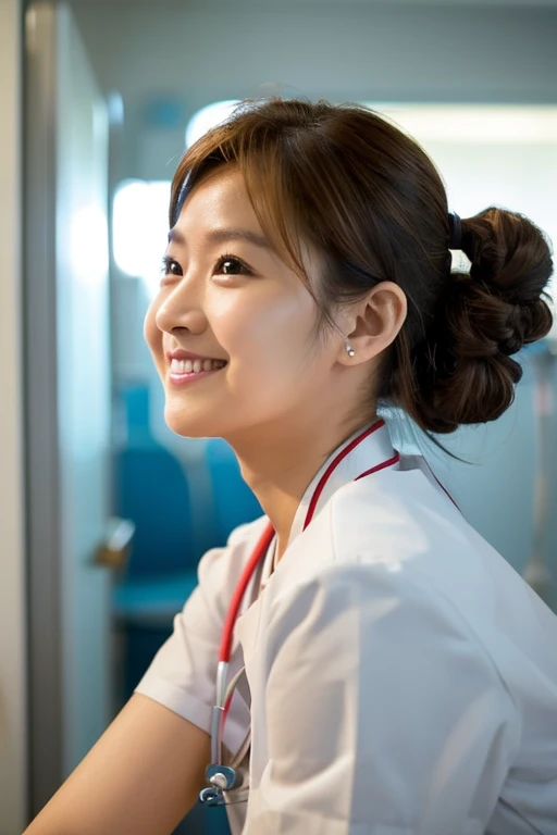Top quality, 1 beautiful woman, Bun Hair, brown hair, wearing white nurse uniform, shy-smile, Indirect Lighting, at hospital, Leaning Forward