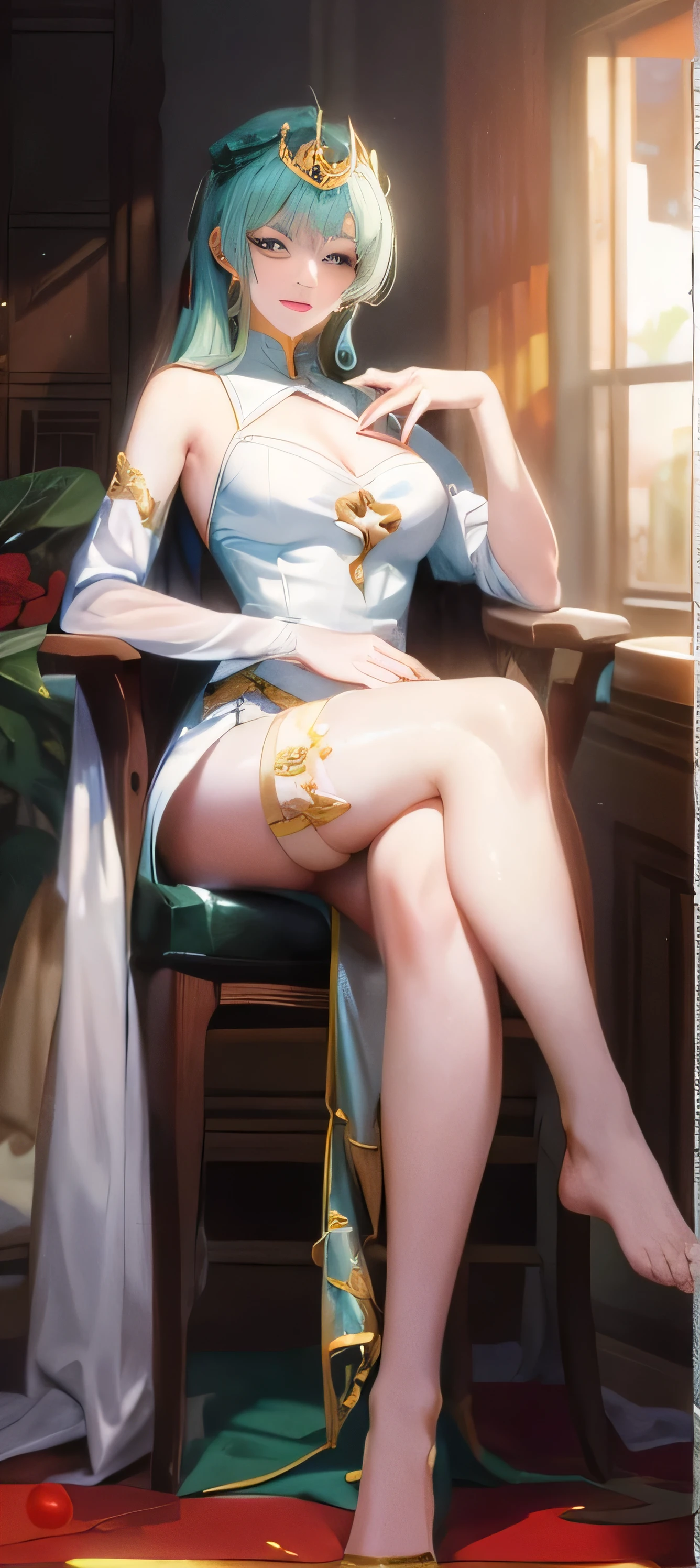 Black long hair,White cheongsam with green decoration,Long legs,White,Jade Foot,