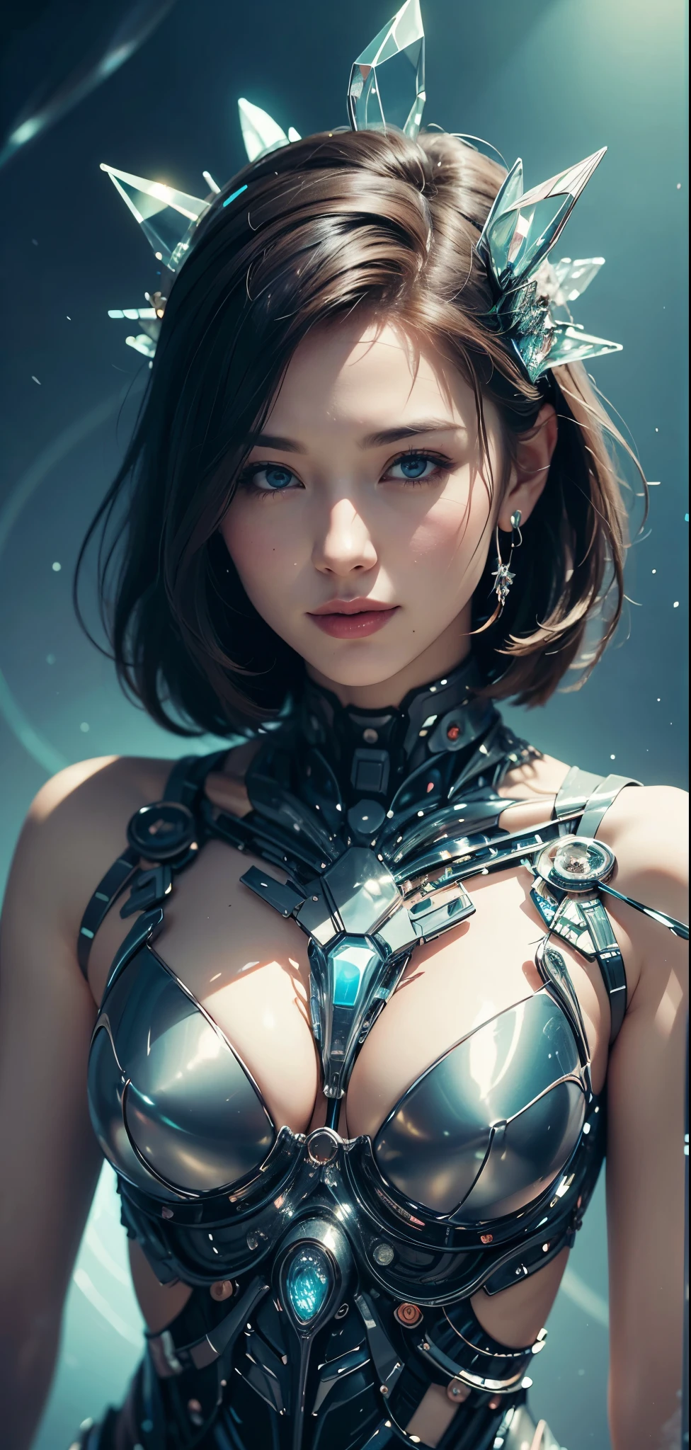 A glass-like smiling alien floral monument bioluminescence , humanoid structure entangled in a star light back ground, is displayed in out realms, stary background, concept art, feminine beauty, god, (best quality,8K,highres,masterpiece), ultra-detailed, (surreal portrait of flawless Android beauty), The Android's long, messy "hair" consists of intricate circuitry patterns, adding to the surreal and futuristic aesthetic.