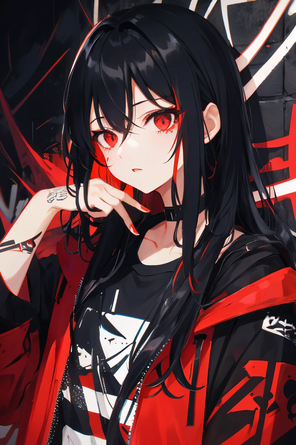 best quality, intricate details, chromatic aberration,
1girl, long hair, black hair, messy hair, red highlights, hair over one eye, red eyes, sharp eyes,
choker, neon shirt, torn legwear, open jacket,
against wall, brick wall, graffiti, glowing grafiti, glowing tattoos, glow, neon lights,
blacklight,