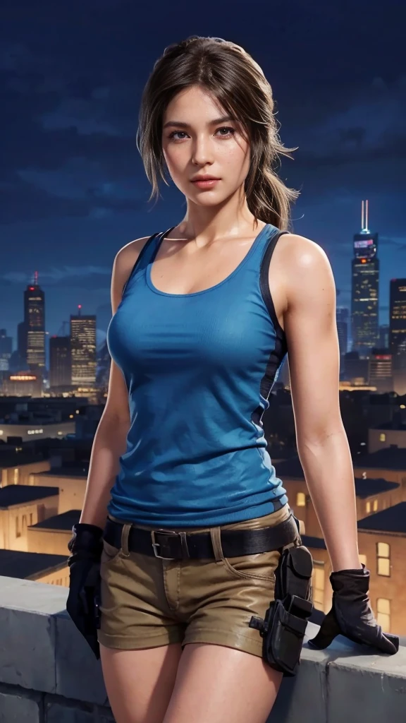 Lara Croft, brown eyes, (best quality, ultra-detailed), (realistic:1.37), beautiful and detailed face, ultra-realistic texture, delicate face, delicate body, red lipstick, bright colors. High definition, 8K