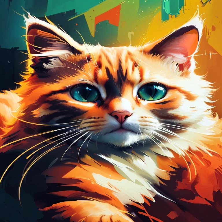 there is a cat that is sitting on the ground looking at something, cat. digital painting, cat portrait, cat portrait painting, ginger cat, digital painting highly detailed, orange cat, highly detailed vector graphics, in digital illustration style, a painting of a cat, portrait of a cat, highly detailed digital painting, vibrant digital painting, painting of a cat