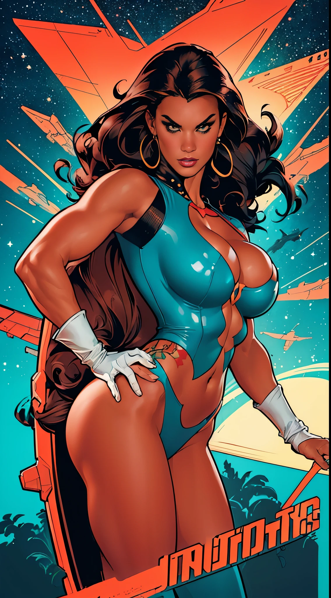 Alison Tyler vestindo um traje espacial justo branco com detalhes em vermelho futurista cybberpunk, while flying through space on a surfboard. (((corpo inteiro))) no painel de quadrinhos, corpo todo, bold lineart illustration comics, olhos azuis sedutores, parted lips, Corpo perfeito, curved, Fitness, nsfw, ao estilo de Adam Hughes, (((obra prima))), (((adulto))) Explore retro-futuristic aesthetics, highlighting your confidence and skill. big city night, Blade Runner