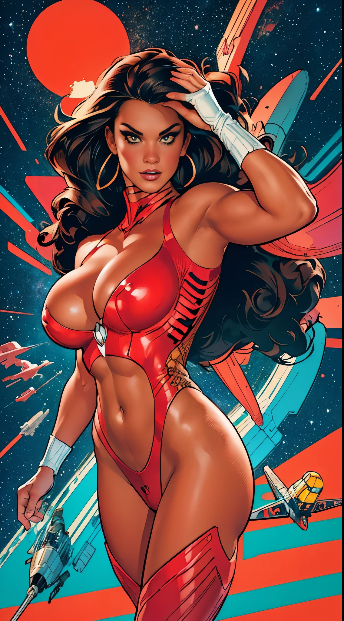 Alison Tyler vestindo um traje espacial justo branco com detalhes em vermelho futurista cybberpunk, while flying through space on a surfboard. (((corpo inteiro))) no painel de quadrinhos, corpo todo, bold lineart illustration comics, olhos azuis sedutores, parted lips, Corpo perfeito, curved, Fitness, nsfw, ao estilo de Adam Hughes, (((obra prima))), (((adulto))) Explore retro-futuristic aesthetics, highlighting your confidence and skill. big city night, Blade Runner