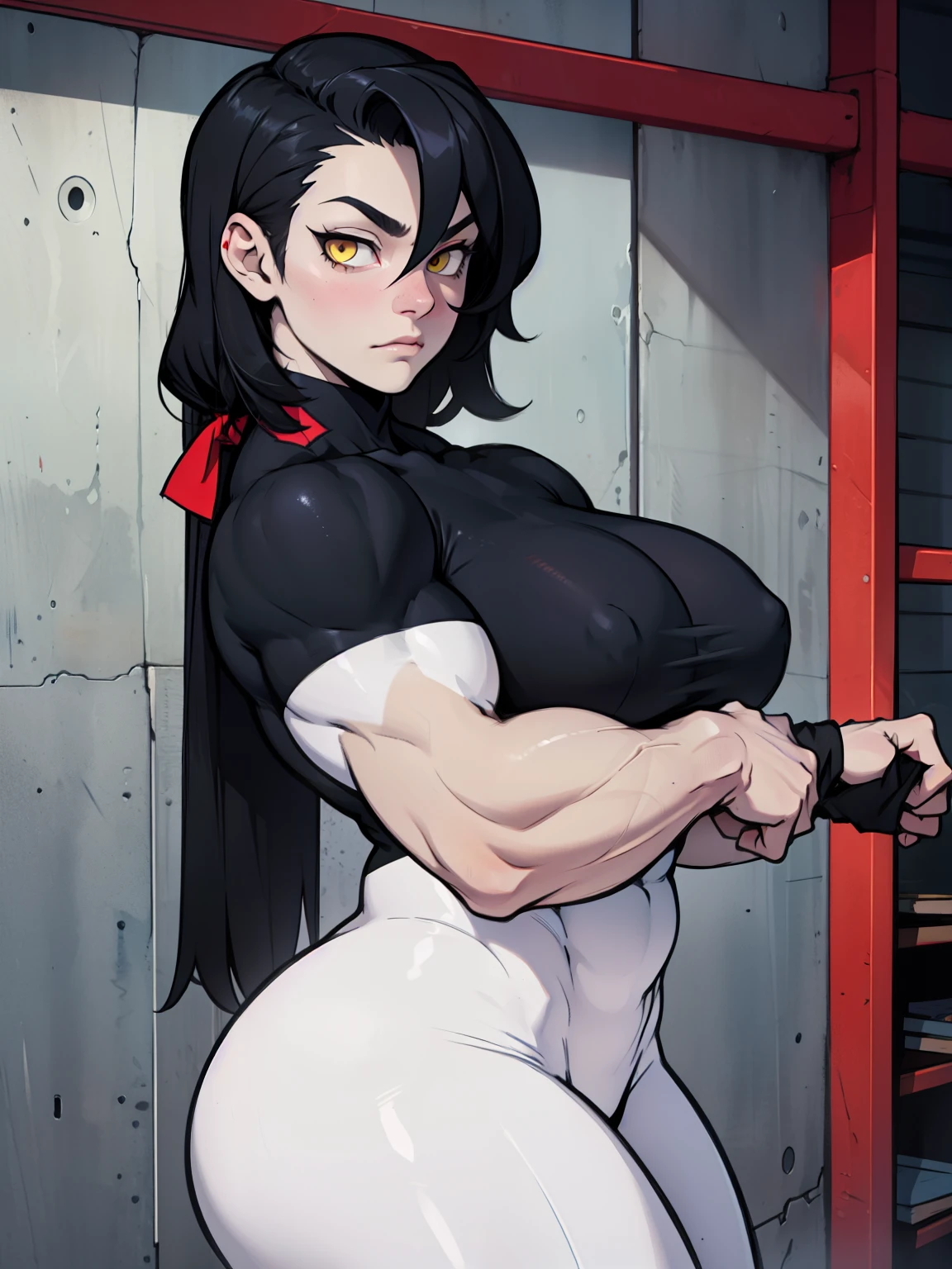 (((1 girl muscular))) yellow eyes huge breasts pale skin skintight black hair sad