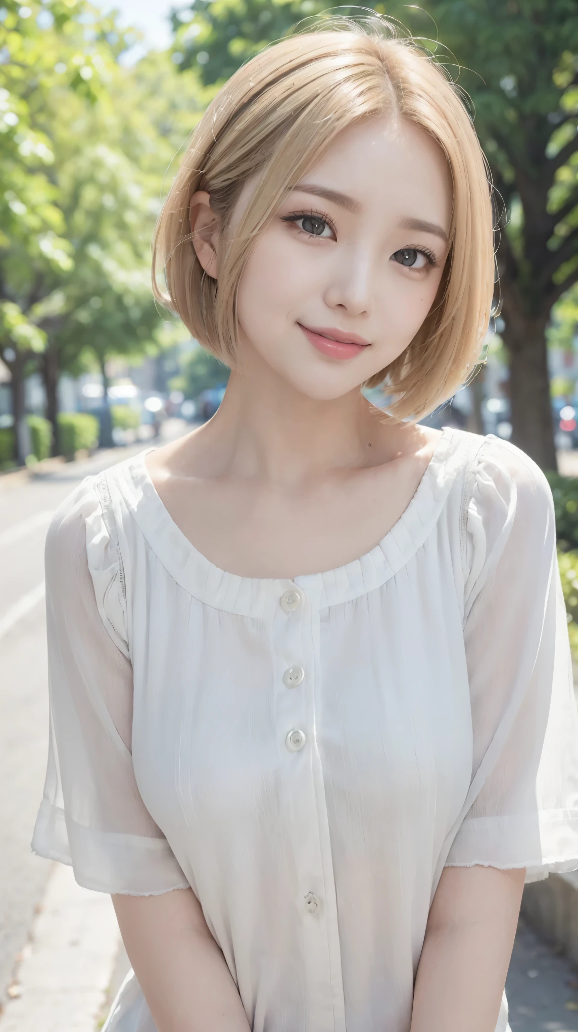 Realistic, masterpiece, highest quality, (Tree-lined street, The background is blurred:1.3), (1girl:1.3), Photo of a woman smiling happily, (Droopy eyes:1.3), Beautiful and detailed, (Dark Eyes:1.3), Long eyelashes, Eyelash extensions, (Hidden eyelid wrinkles:1.3), (Blonde, short hair, middle part:1.3), (White blouse:1.3), (Portrait from the waist up:1.3)