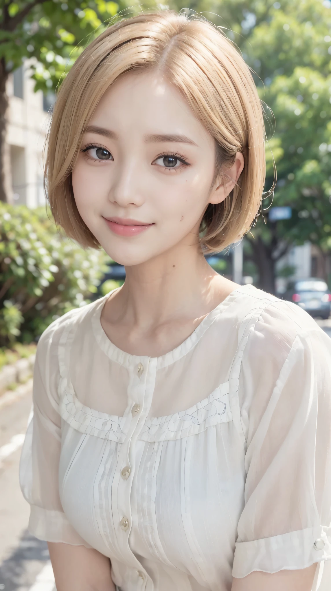 Realistic, masterpiece, highest quality, (Tree-lined street, The background is blurred:1.3), (1girl:1.3), Photo of a woman smiling happily, (Droopy eyes:1.3), Beautiful and detailed, (Dark Eyes:1.3), Long eyelashes, Eyelash extensions, (Hidden eyelid wrinkles:1.3), (Blonde, short hair, middle part:1.3), (White blouse:1.3), (Portrait from the waist up:1.3)